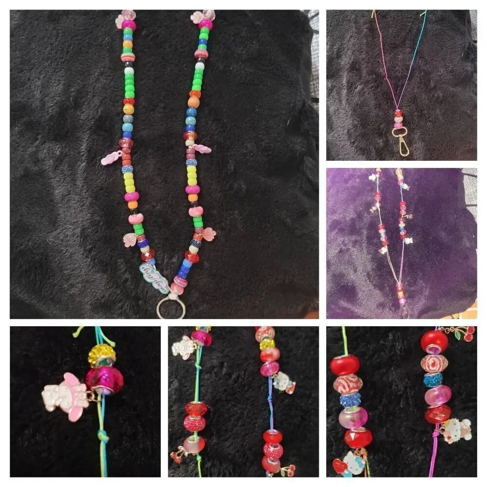 Handmade hello kitty charm beaded lanyard keychains